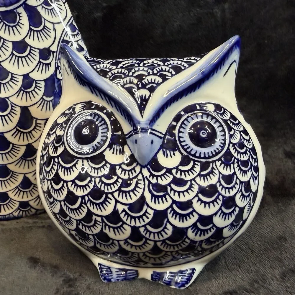 Pier 1 Imports Retired Chinoiserie Owl Decor Large Figurines Set of 2 Ceramic